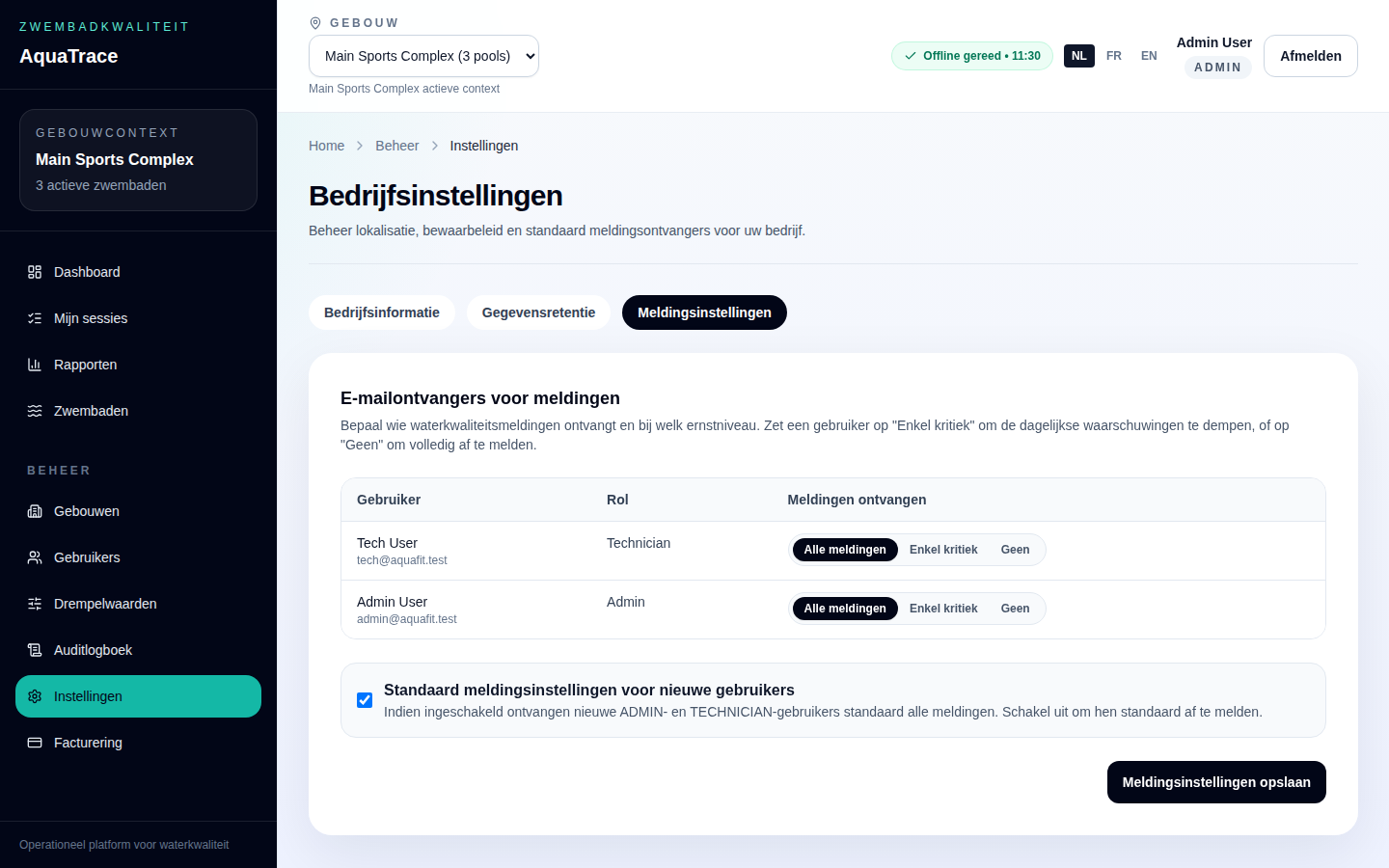 Het tabblad met meldingsvoorkeuren per ernstniveau.