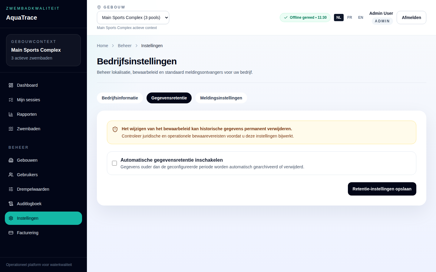 Het tabblad voor de bewaartermijn van data.